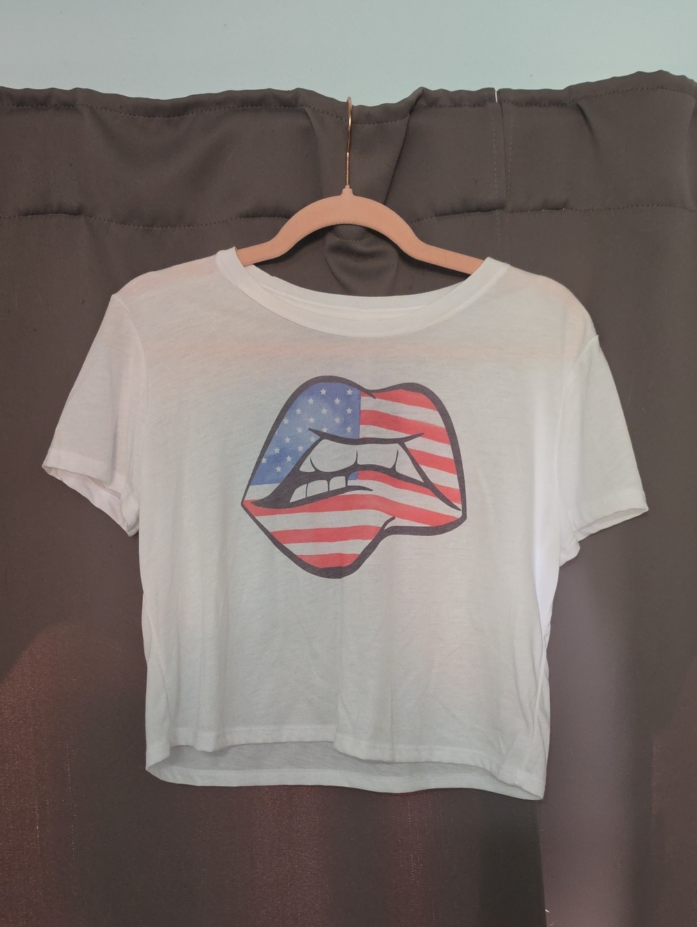Bella Canvas White Crop Tee with American Flag Lip Graphic